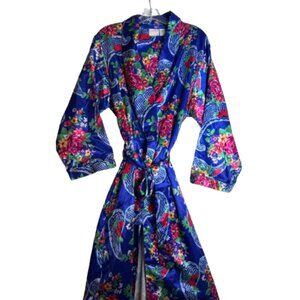 Vintage 90s Adonna Satin Robe Floral Blue Red Romantic Belt #2765